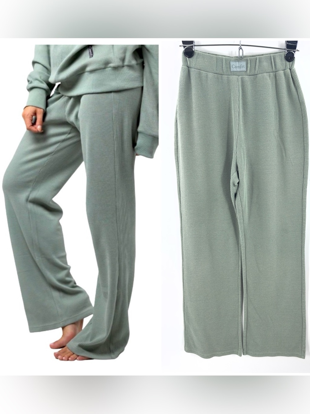 Comfrt Waffle Lounge Pants Green Size XS Casual Cozy Soft Relaxed Wide Leg
